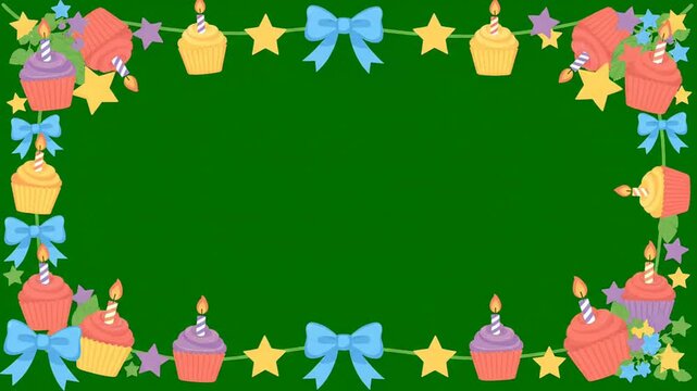 Festive birthday border with colorful cupcakes and blue ribbons on green background for invitation card templates digital greeting cards party celebration event design