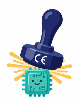 CE conformity mark stamping down onto glossy AI chip representing conformity assessment