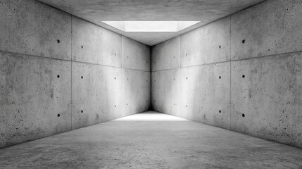 Fototapeta premium Geometric tunnel constructed from textured concrete converges toward a bright opening, representing isolation and architectural perspective concept for modern design