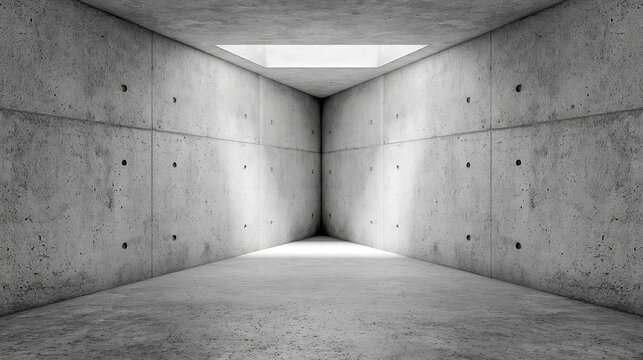Geometric tunnel constructed from textured concrete converges toward a bright opening, representing isolation and architectural perspective concept for modern design