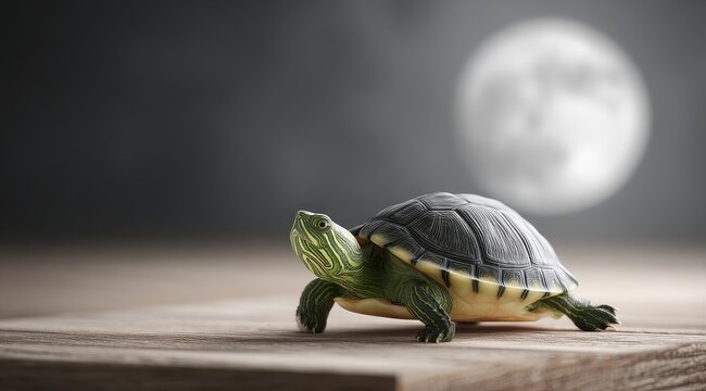 A small turtle on a wooden surface, with a large, soft moon in the dark background.