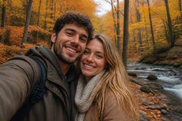 Fototapeta premium Young couple smiling and taking selfie by forest stream