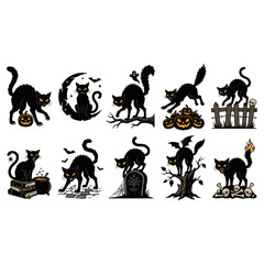 Fototapeta premium Black silhouette cat set in various playful poses and dynamic movements vector illustration