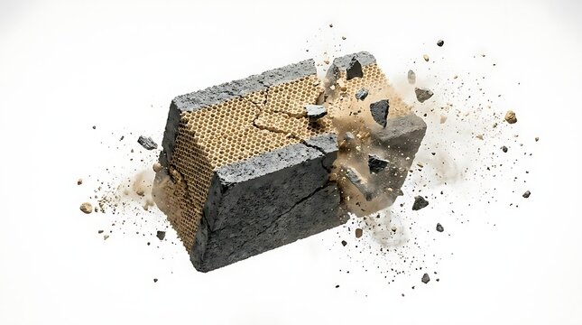 Crumbling honeycomb brick with flying debris