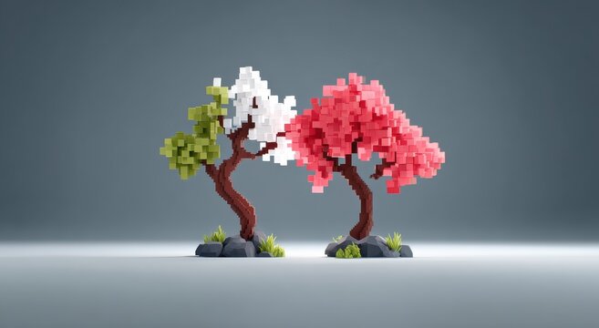 Voxel Art Style Miniature Cherry Blossom and Bonsai Trees on Grey Background
