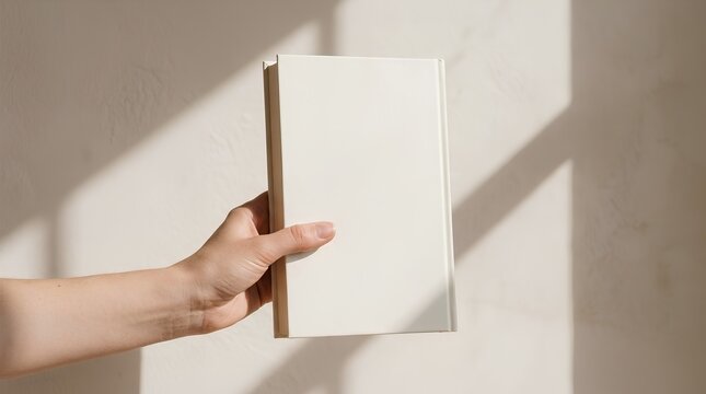 Hand holding blank book cover mockup with shadow overlay