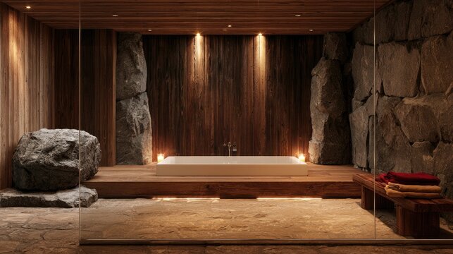 Rustic spa sanctuary with stone, wood, and a luxurious soaking tub