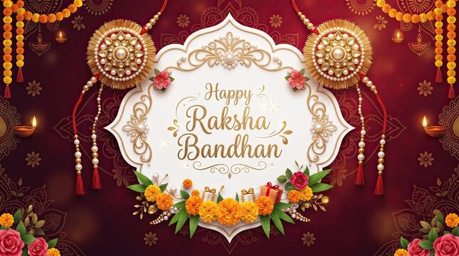 Happy raksha bandhan traditional indian festival floral background vector banner with rakhi embellishment