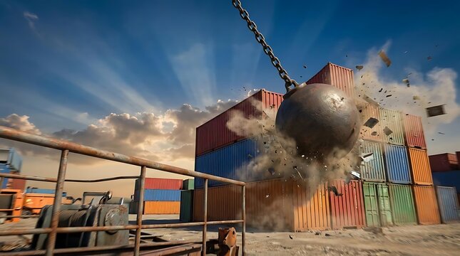 Metal wrecking ball impacting colorful cargo containers