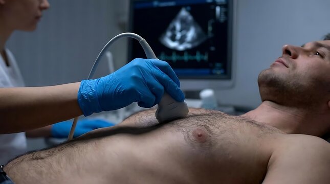 Doctor performing echocardiogram on male patient