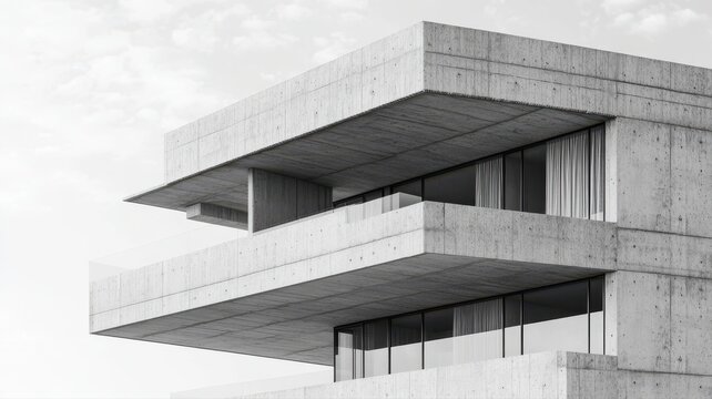Modern concrete building with large overhanging balconies and glass windows showcasing contemporary architectural design