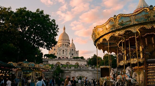 Ornate carousel and white basilica at sunset