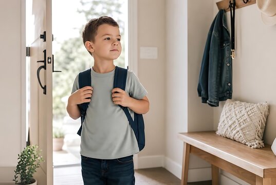 Child Wearing Backpack And Preparing For School Independently