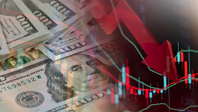 US dollar value decline recession financial economy, candlestick chart background, american 100 dollar bills and downward red arrow. Currency exchange collapse, trade asset value drop, inflation 