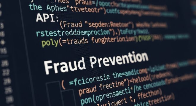 A visually striking digital display showcasing intricate computer programming code with prominent white text highlighting 'Fraud Prevention' against a dark,, isolated on transparent background.