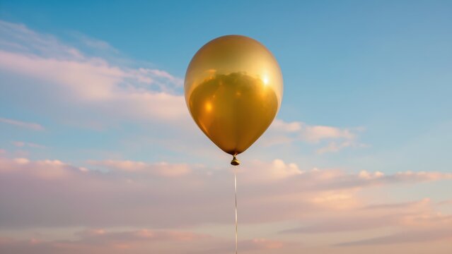 Golden helium balloon floating in a clear blue sky during sunset with soft clouds, symbolizing celebration, freedom, and uplifting concepts