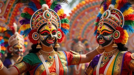 Fototapeta premium Indian dancers wear vibrant masks with colorful feathers, beads. Performers dress in traditional ethnic costumes for festive celebration. Women dance at cultural festival with intricate jewelry,