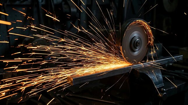 Industrial machine cutting metal bar with sparks