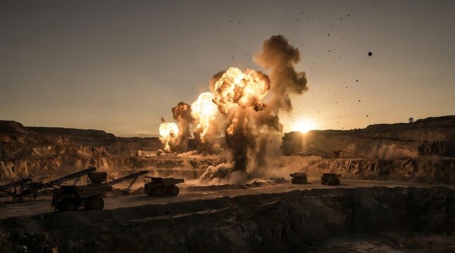 Industrial mining explosion in a quarry at sunset