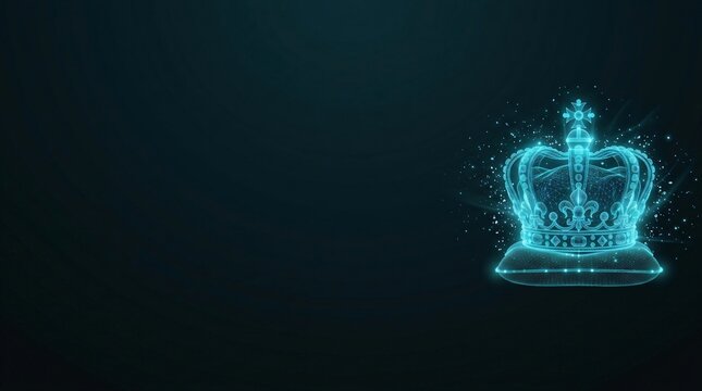 Glowing digital royal crown icon isolated on dark background with hologram technology monarchy abstract particle leadership authority illustration innovation