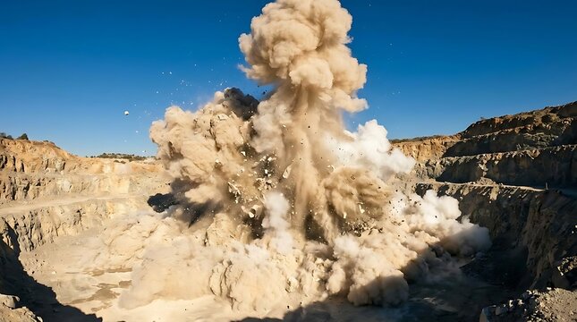 Rock explosion and dust cloud in quarry