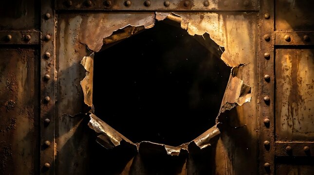Rusted metal plate with large jagged hole