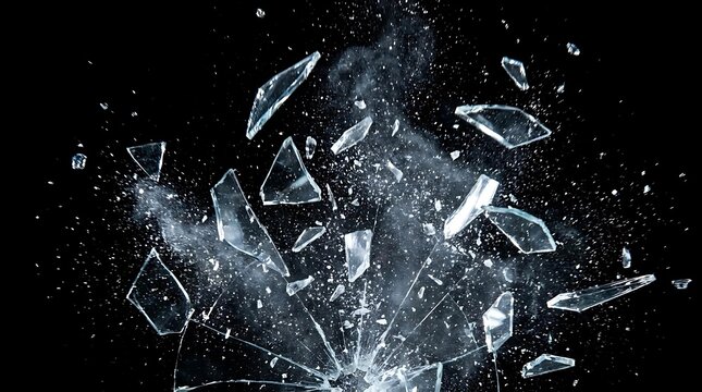 Shattering glass shards exploding on black background
