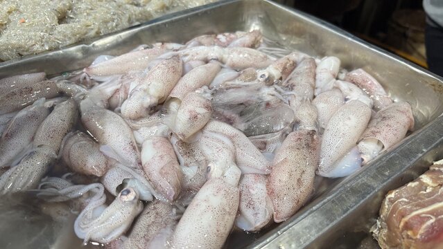 Piles of squid are sold at the market as a food ingredient.