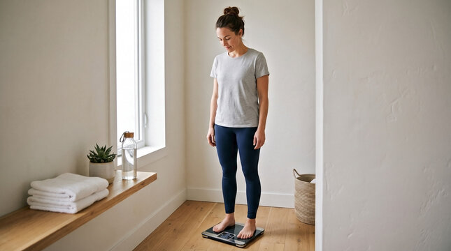 Woman checking BMI on scale in a modern, clean bathroom. She monitors weight and health progress, diligently checking BMI for fitness. This image promotes wellness