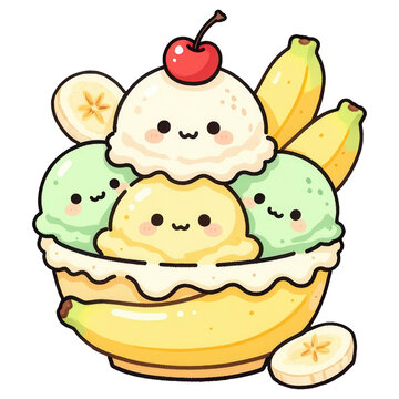 Kawaii Banana Split: A delightful illustration of a banana split dessert, featuring cute, smiling scoops of ice cream nestled in a banana boat, topped with a cherry and adorned with banana slices.