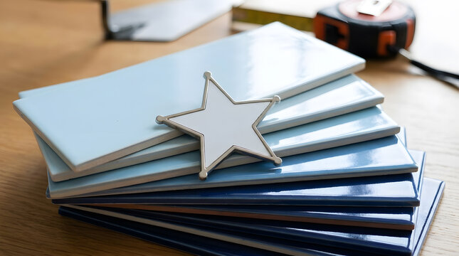 Blue ceramic subway tiles for backsplash | Modern interior design tile samples | Professional home renovation project materials | Star badge on stacked blue tiles | Quality craftsmanship in tile