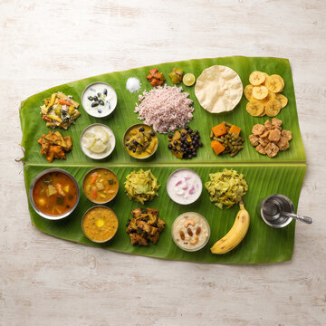 Traditional Kerala Onam Sadya feast served on banana leaf