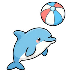 Fototapeta premium Cute Dolphin and Beach Ball: An adorable cartoon dolphin leaps joyfully with a colorful beach ball, capturing a playful and whimsical scene of summer fun and aquatic delight.