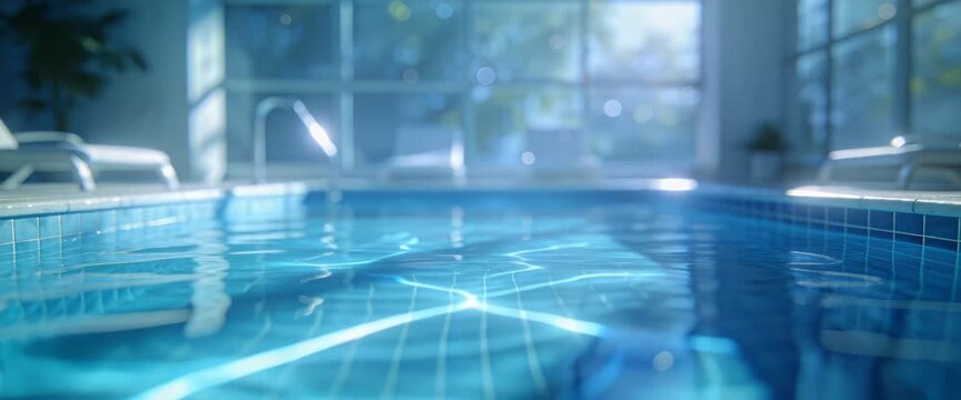Clear transparent water with sun glints and gentle ripples in indoor luxury swimming pool, wide shot.