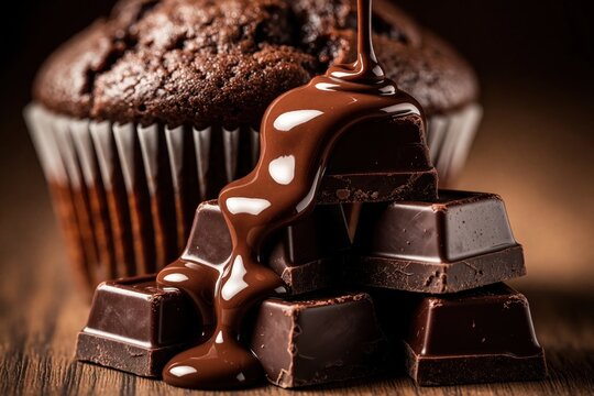 Melted dark chocolate pours over stack of chocolate cubes. Sweet cocoa syrup drips on solid pieces. Large chocolate muffin sits in background on wooden table. Delicious dessert food with rich texture