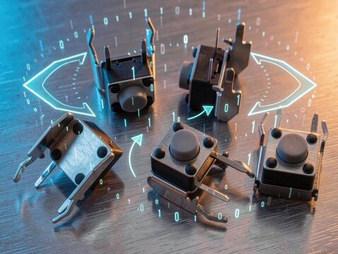 Electronic tactile switches on a metal surface with digital graphics