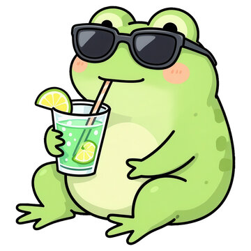 Cool Frog Enjoying a Refreshing Drink: A cute cartoon frog wearing sunglasses sips a green beverage with lemon slices and a straw, embodying a chill and relaxed summer vibe.