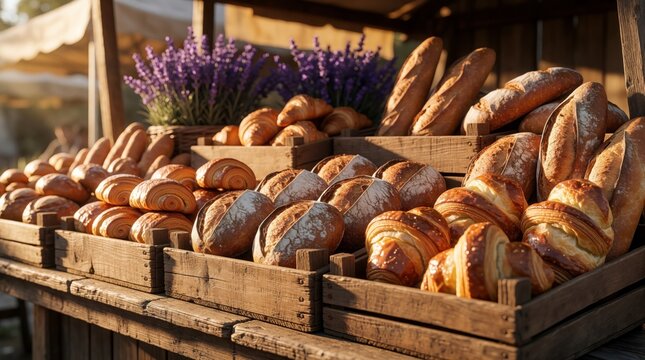Fresh pastries, artisan bread displayed in wooden crates at rustic outdoor market stall. Croissants, donuts, baguettes sit near purple lavender flowers. Delicious baked goods available for sale at