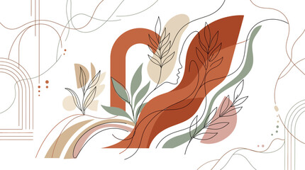Naklejka premium Abstract flowing background with organic lines and autumn leaves.