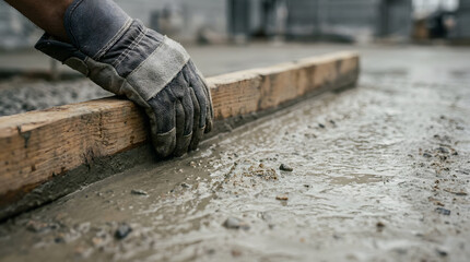 Fototapeta premium Professional worker leveling wet concrete with wooden screed | Masonry contractor smoothing fresh cement slab surface | Close up of construction worker hand screeding concrete floor