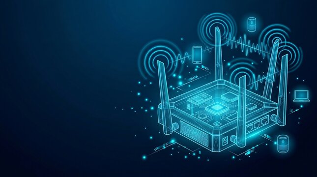 Digital network router illustration with broadcast signal waves representing high speed wireless internet connectivity and data streaming internet wireless abstract