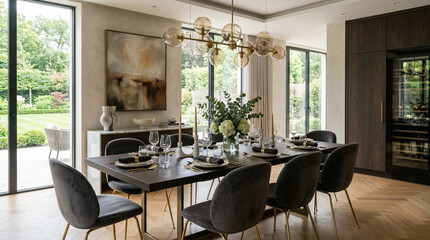 Fototapeta premium Elegant Dining Room with Large Table, Modern Chandelier, and Garden View