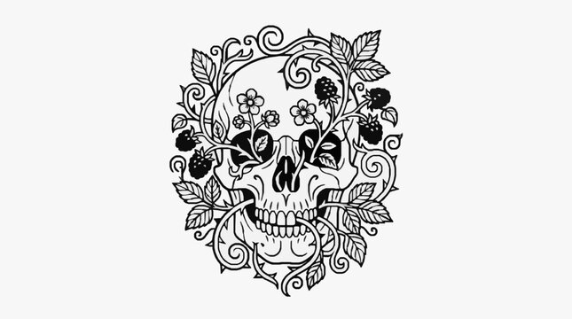 Human Skull with Floral Vines and Berries Vector Illustration