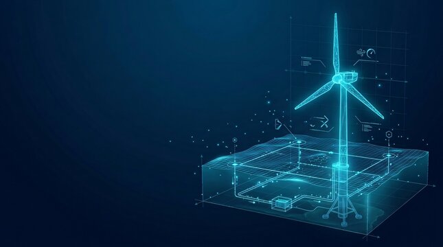 Abstract digital wind turbine energy concept low poly illustration with renewable sustainable technology electricity environment infrastructure wireframe