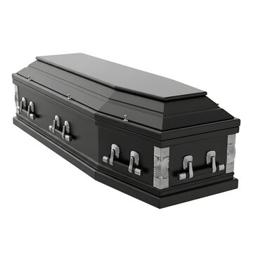 A black casket with silver hardware on a white background