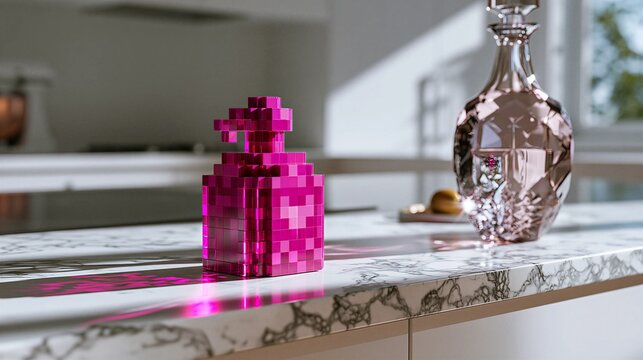Commercial Photo of 3D Pixel Mana Potion Bottle on Marble Counter for Gamified Health and Energy Concept
