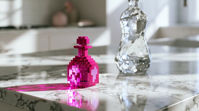 Commercial Photo of 3D Pixel Mana Potion Bottle on Marble Counter for Gamified Health and Energy Concept
