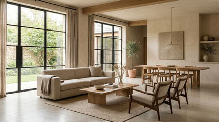Fototapeta premium Modern living room and dining area, neutral tones, natural light, minimalist design
