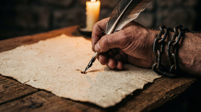 The Apostle Paul writing his powerful epistles in a dark, cold Roman prison cell, illuminated only by a single flickering candle.