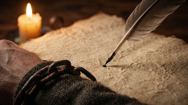 The Apostle Paul writing his powerful epistles in a dark, cold Roman prison cell, illuminated only by a single flickering candle.